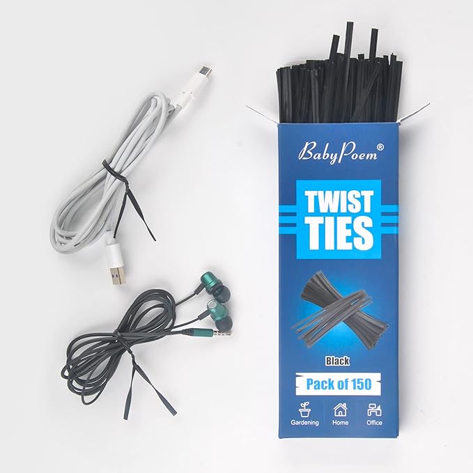 Twist Ties, 150 PCS, 6.1 Inches, Bread Ties, Black, Reusable, for Bags, for Gardening, Home, Office