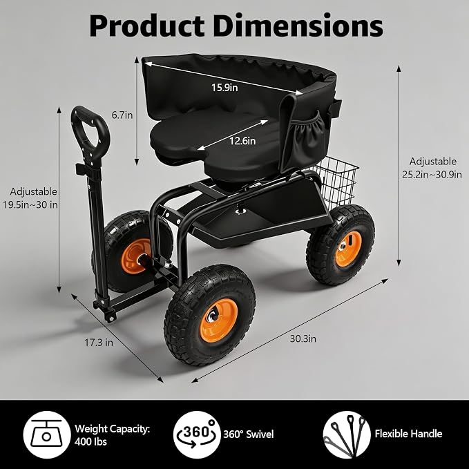 Garden Seat with Wheels, 400lbs Rolling Garden Stool, with Height Adjustable & 360° Swivel Seat, Tool Tray & Storage Basket, Outdoor Gardening Scooter, Garden Cart Workseat for Yard, Patio
