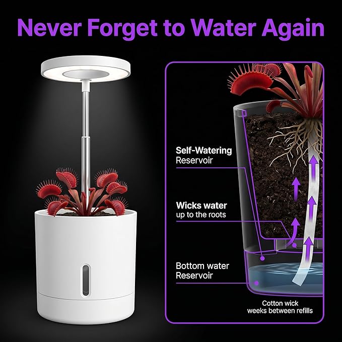 Self-Watering Planter with Grow Light, Smart Indoor Pot for Venus Fly Trap, Carnivorous Plants, African Violet, Cat Grass, Catnip & Herbs, 2-in-1 Wall + Desktop, USB 5W Full Spectrum LED