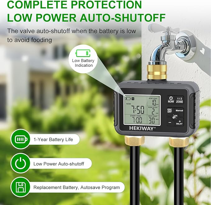 Dual Outlet Water Timer for Garden Hose with 2 Brass Connectors, Programmable Irrigation Controller with Rain Delay & Child Lock for Lawn, Yard, Drip Irrigation, Greenhouse