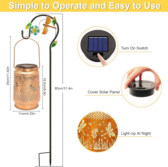 Solar Lanterns Outdoor Waterproof Dragonfly Garden Decor, Birthday Gifts for Women Mom Grandma, Hanging Solar Lights Metal LED Decoration with Shepherd Hook Outside for Yard Patio Lawn Porch