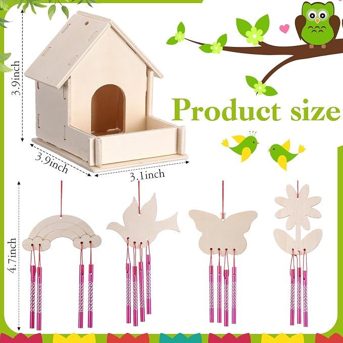 Feifeiya 24 Sets DIY Birdhouse Wind Chime Kit Build and Paint Birdhouses Wooden Arts 24 Unfinished Wooden Bird House 24 Wind Chime 38 Butterfly Sticker 24 Watercolor Arts for Activity(Classic)
