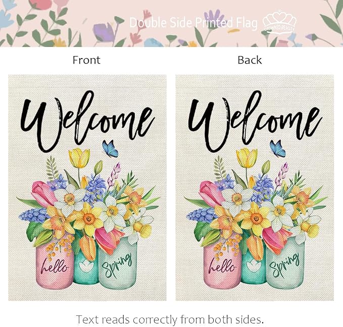 CROWNED BEAUTY Spring Garden Flag Floral Mason Jar Double Sided 12X18 Inches Burlap for Outside Seasonal Yard