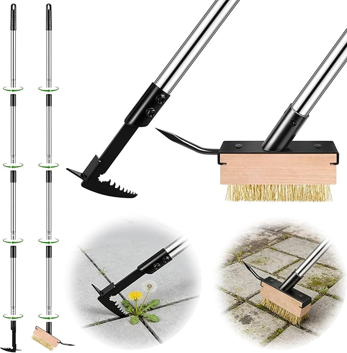 MUDEREK Crack Weeder Tool Set - Upgraded & Lengthened Manual Manganese Steel Crevice Weeding Tool with Adjustable Handle for Moss Weed Removal in Driveways, Patios, Pavers, Garden Cracks