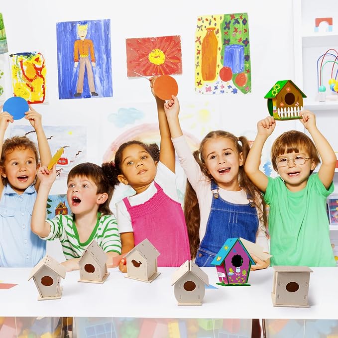 Sawysine 107 Pcs DIY Birdhouse Kits for Kids Ages 5-8 8-12, 48 Wooden Bird House Kits in 6 Shapes and 57 Butterfly Sticker for Children Summer Craft Art Activity, DIY Project(107,Multiple Entrance)