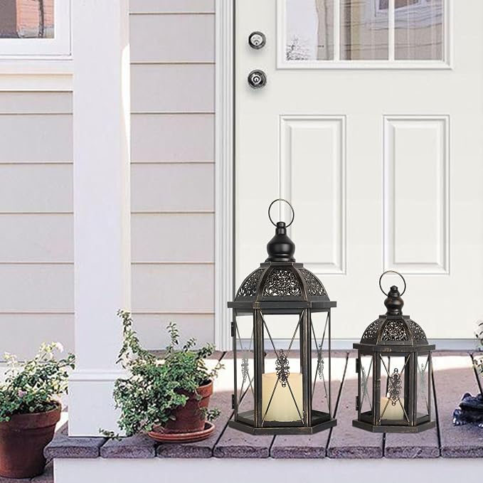 Large Lantern Decorative Outdoor & Indoor, Set of 2 (15’’&10’’) Metal Candle Lanterns Decor, Vintage Hanging Candle Holder for Front Porch Patio Wedding Farmhouse Home, Spring Decoration