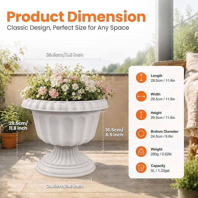 Usocik 12 Inch PP Resin Urn Planters 4 Pack Stone Gray | 4 pack stone gray PP resin urn planters with solid bottom for patio garden wedding event porch and entryway decor