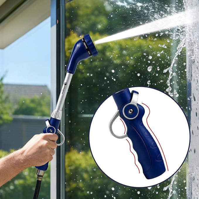 HugeDawn Garden Hose Wand, 16-Inch Heavy Duty Zinc Alloy & Aluminum Watering Wand with 8 Spray Patterns Thumb Control for Hanging Baskets, Garden, Cleaning (Blue)
