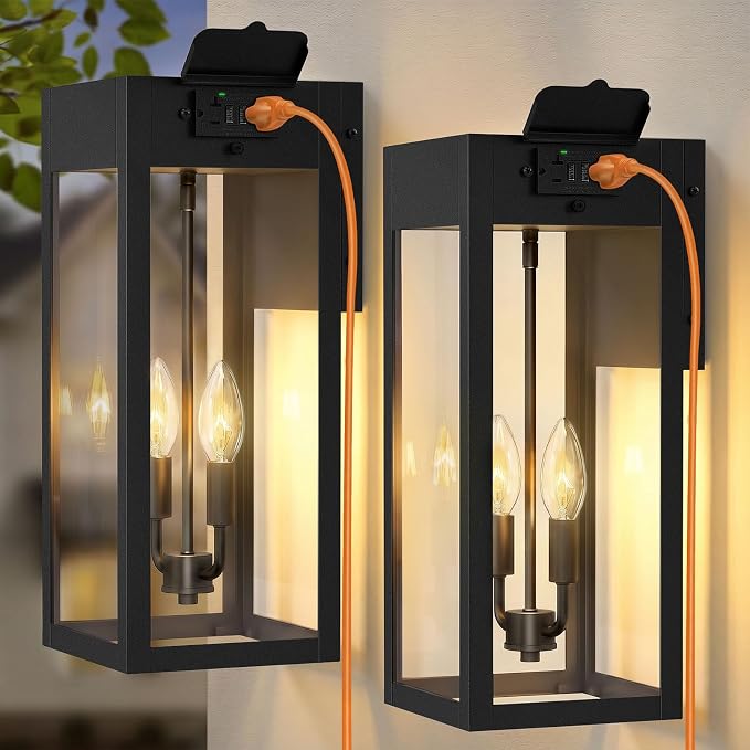 2-Pack 17.87" Extra Large Outdoor Wall Lights with GFCI Outlet, Black 2-Light Porch Lights Outdoor, Waterproof Exterior Lamp with E12 Sockets for House, Porch, Patio, Garage