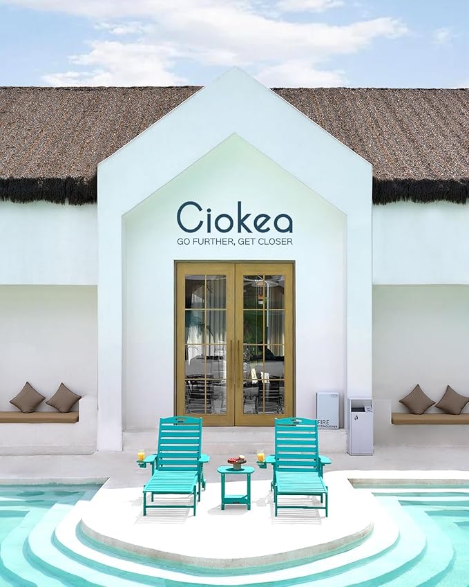Ciokea Lounge Chair Outdoor, Oversized Chaise Lounge Chair with 5 Positions, HDPE, Patio Lounge Chair with Wheels & Cup Holder for Pool, Deck, Poolside, Lake Blue