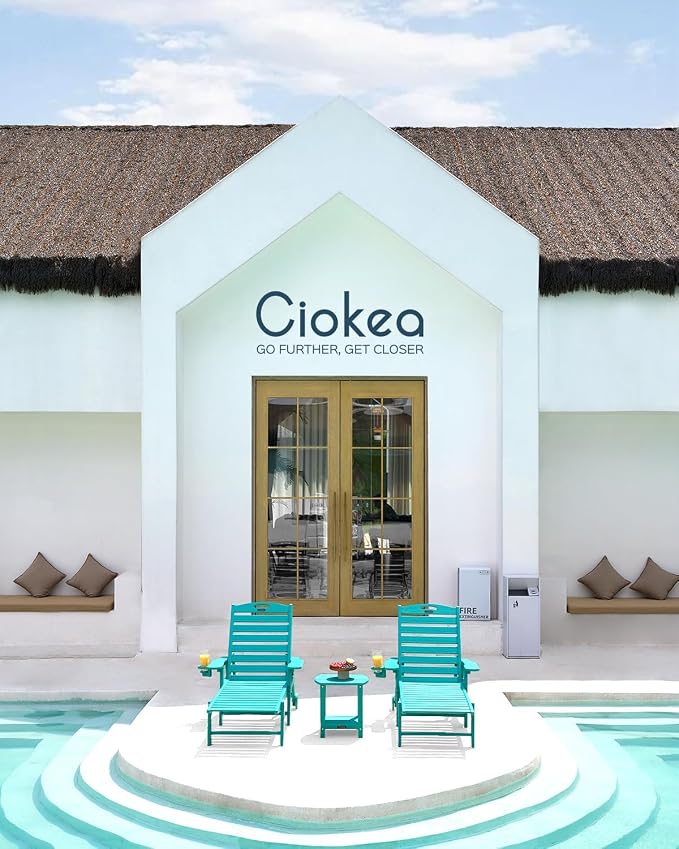 Ciokea Outdoor Chaise Lounge Chair Set of 2, Patio Lounge Chairs for Outside, HDPE Lounge Chair with Wheels & Cup Holder, Poly Chair with 5 Position for Poolside, Deck, Lake Blue