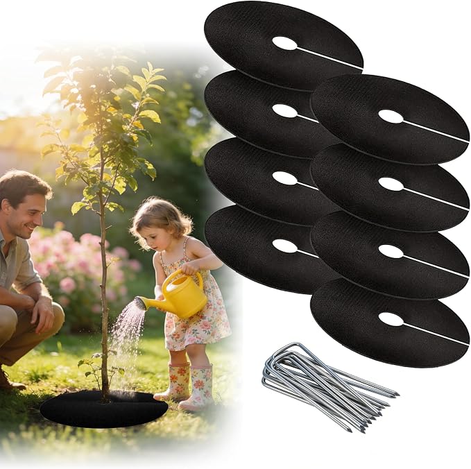 8 Packs Tree Mulch Ring - 32.2” Non-Woven Degradable Landscape Barrier Mat with Stakes, Tree Protector Ring, Barrier Fabric for Root Protection for Garden Patio Orchard Landscaping