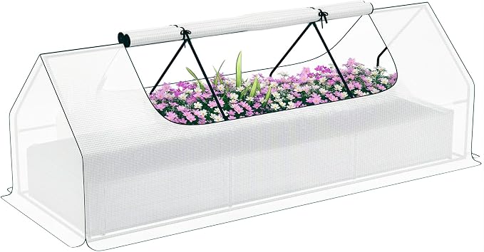 Outsunny 8.6 x 3 x 1ft Metal Planter Box with Mini Greenhouse, Galvanized Raised Garden Bed with Cover for Herbs and Vegetables, Small Greenhouse for Patio Garden Balcony, White and Silver
