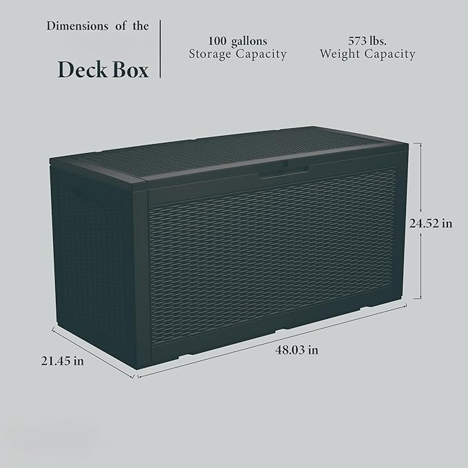 Outdoor Storage Box, 110 Gallon Resin Deck Box Waterproof for Patio Furniture, Garden Tools and Pool Accessories, Lockable UV-Resistant Storage Bin Bench Cabinet for Outside, Black