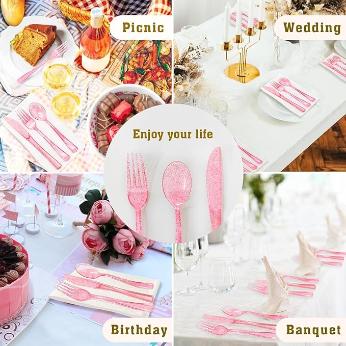 50 Pcs Pink Plastic Forks, Pink Plastic Silverware, Heavy Duty Plastic Cutlery Set Disposable Utensils Sets for Valentine's Day, Brithday, Wedding, Baby Shower, Bridal Shower