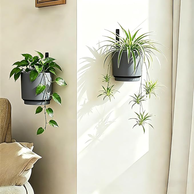 2 Pcs Wall Mounted Hanging Planter Vase for Indoor Outdoor Plants,Modern Metal Wall and Ceiling Hanging Flower Pot with Removable Flower Pot,Minimalist Decor for Herbs Succulents Flowers,5.9Inch,Grey