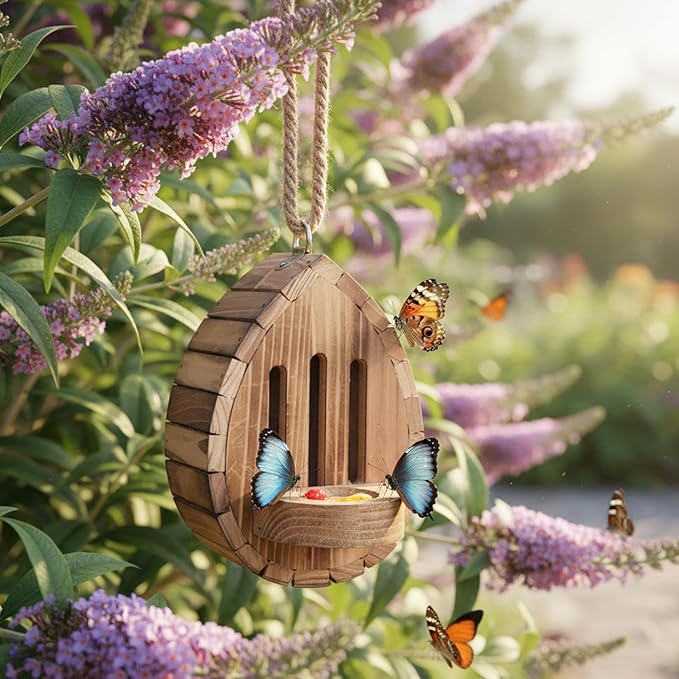 Butterfly House for Outside, Wooden Butterfly Habitat & Feeder for Butterflies, Moths and Lacewings, Hanging Butterfly Houses for the Garden, Teardrop Nesting Box Garden Decor with Rope (1pcs)