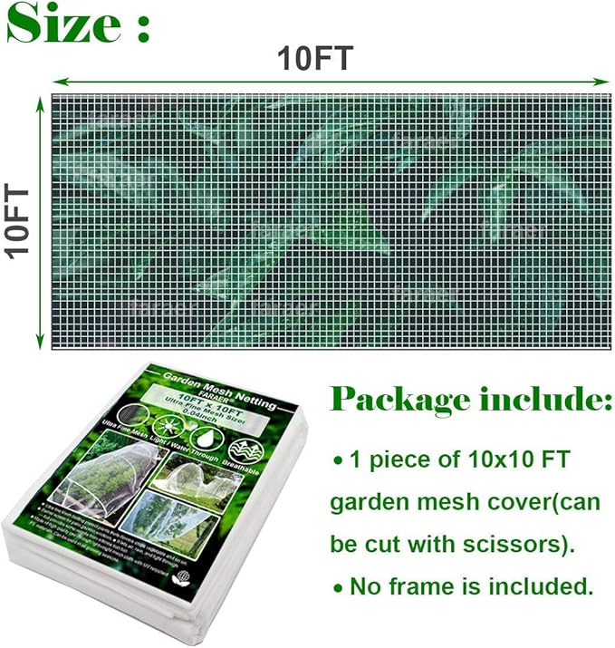 Garden Barrier Netting, Plant Covers 10x10Ft Ultra Fine Mesh Netting Protect for Vegetable Plants Fruits Flowers Crops Greenhouse Row Covers Raised Bed Barrier Screen Birds Protection Net (10x10ft)