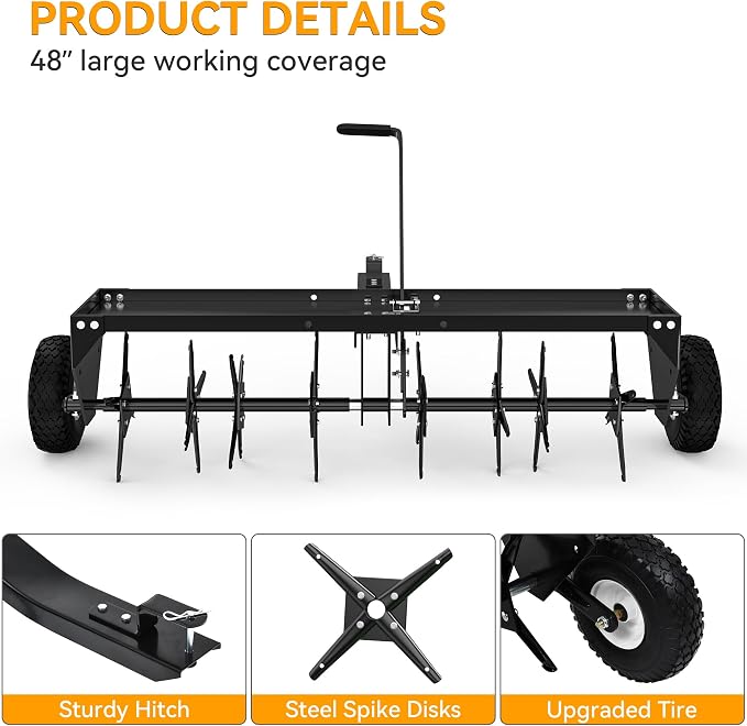 YINTATECH 48" Tow Behind Lawn Aerator with Universal Hitch, Pull Behind Lawn Plug Aerator for ATV&Tractors,Black