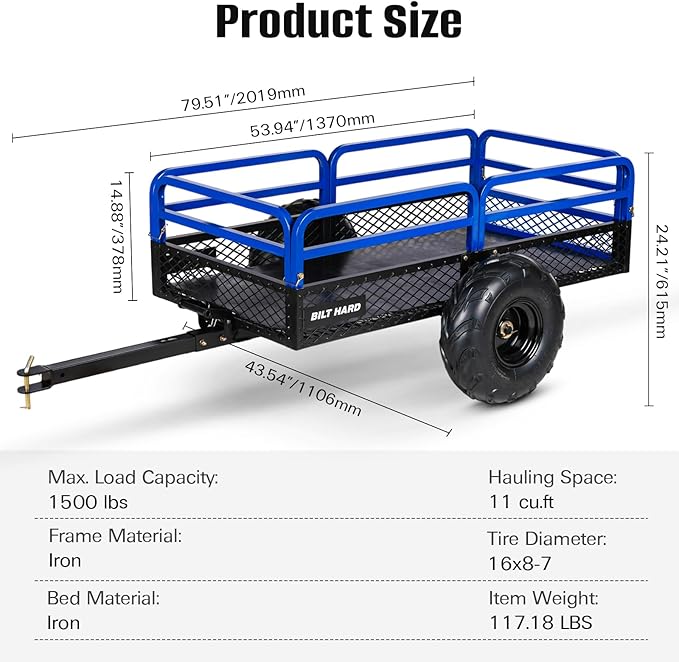 BILT HARD Heavy Duty 1500 lbs Capacity ATV Dump Cart, 11 Cu.Ft Tow Behind Garden Trailer, Pull Behind Yard Dump Trailer for Mowers, Tractor, ATVs