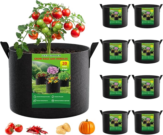 FEED GARDEN 20 Gallon Grow Bags 8 Pack 300G Thickened Fabric Plant Pots | Grow Bags with Reinforced Handles, Breathable Drainage Planters for Vegetables, Tomatoes, Herbs, Indoor & Outdoor Gardening