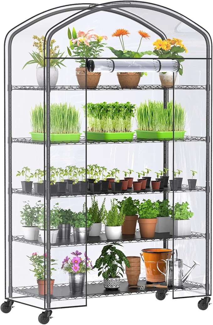 5-Tier Greenhouse with Caster Wheel, Each Shelf Height Adjustable Metal Plant Shelf with PVC Cover for Seed Starting Trays, Seedling Pots, Plant Pots, 21x49x80inch