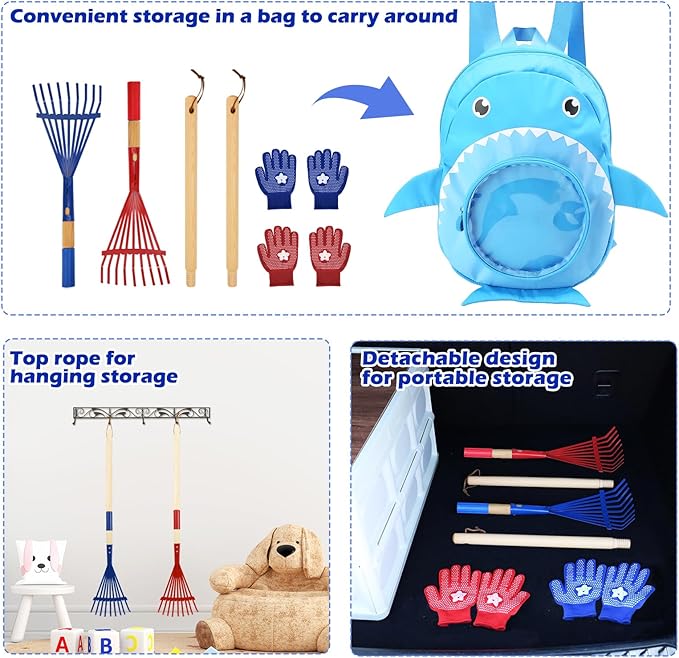 NNG 2 PCS 27" Metal Kids Leaves Rakes and 2 Pairs Kids Gloves,Small Kid Lawn Rakes with Wooden Handle,Garden Tool Set for Boys and Girls