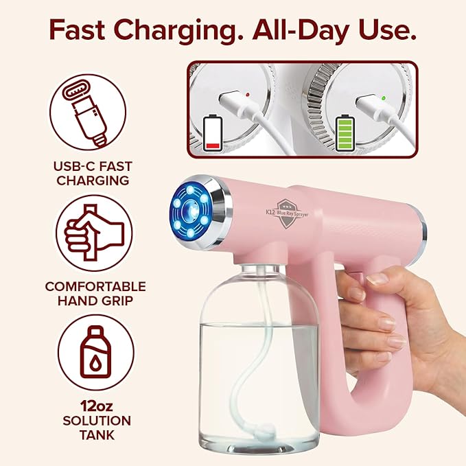 Continuous Spray Bottle for Plants, Hair & Skin, Multipurpose Nano Spray Machine with Blue Light, USB-C Rechargeable Plant Misters for Inside, Cordless Barber Spray Gun for Curly Hair & Styling, Pink