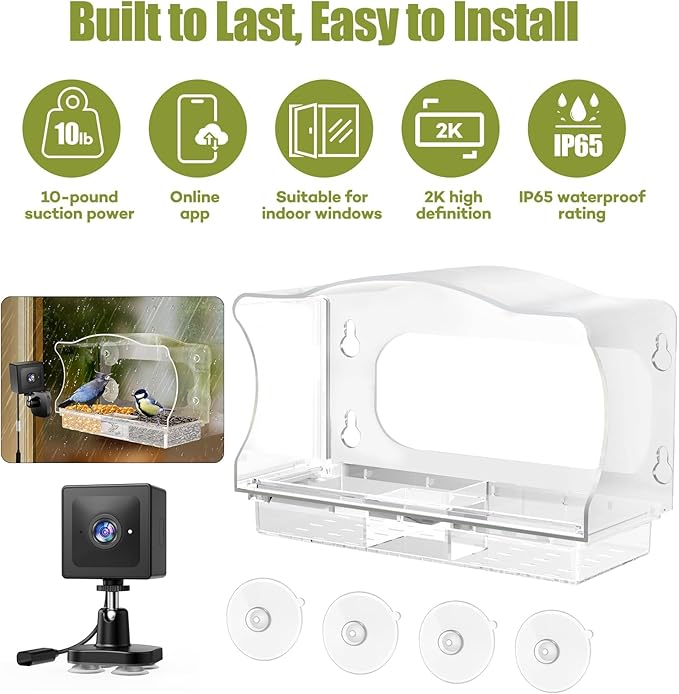 Waterproof Smart Window Bird Feeder with Camera & AI Bird Identifier, 2K HD Auto-Capture Video, Window Mounted with Strong Suction Cups, Unique Gift for Elderly Parents & Birding Lovers