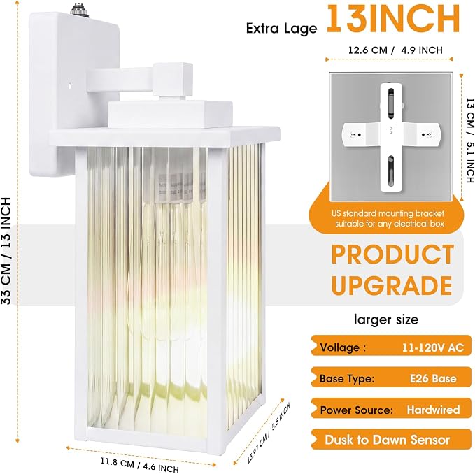 2 Pack of 13 Inch White Outdoor Wall Lights, Dusk to Dawn Exterior Light Fixture, IP65 Waterproof Rust-Resistant Durable Metal & Textured Glass Sconce for Porch Garage Entryway
