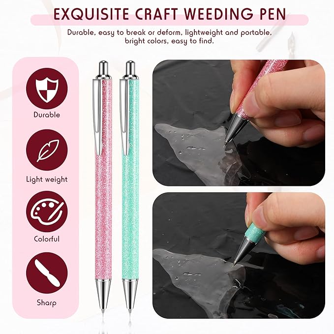 Epakh 2 Pieces Weeding Pen Vinyl Pen Pin Weeding Tool Fine Point Glitter Metal Vinyl Air Release or Car Puncturing Installation Retractable Craft Tool for DIY(Green, Pink)