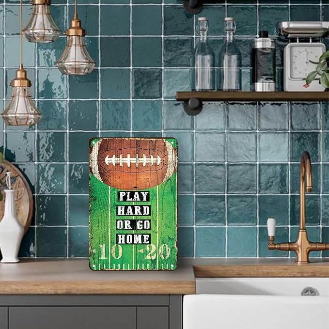 Football Metal Tin Sign Play Hard Or Go Home 12x8 Inch Vintage Football Wall Decor Inspirational Sports Plaque for Boys Teen Bedroom Game Room Man Cave Football Player Gift