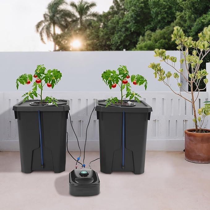 DWC Hydroponics Grow System 7.13 Gal Deep Water Culture Kit Auto Irrigation Sets w/8W 110V Air Pump, Two 12inch Bucket, Flippable Inspection Cover & Check Valve for Urban Farmer (2 Buckets+7.13 Gal)