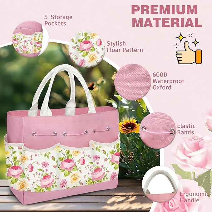 22PCS Garden Tools Set for Women,Birthday Gifts for Mom Wife Grandma,Heavy Duty Hand Tool Kit Gardening Supplies Included Handy Tote Bag/Trowel/Repotting Mat/Rake/Pruner/Gloves/Plant Tags -Pink