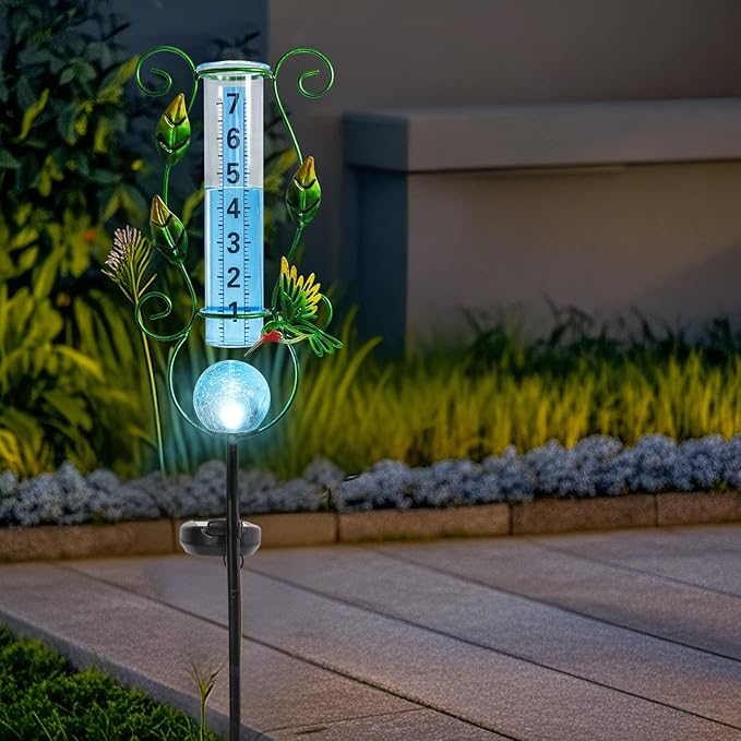 MUMTOP Rain Gauge Outdoor, 36 Inch Large Number Solar Lights Hummingbird Water Gauge for Lawn, Yard and Garden