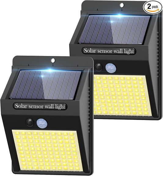 2 Pack Outdoor Solar Motion Lights - 3 Modes/100LED Wireless, IP65 Waterproof Solar Security Lights with Motion Sensor for Front Door, Backyard, Garage, Deck (Warm White)