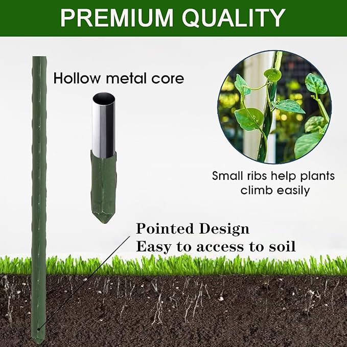 Frcctre 50 Pack 16 Inches Garden Stakes with 25 Connectors, Connectable Plant Support Stakes Plastic Coated Metal Tomato Sticks Plant Climbing Support for Tomatoes, Cucumber, Beans, Potted Plants