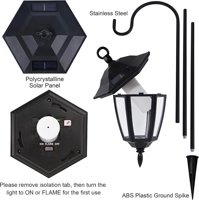 Dynaming 2 Pack Solar Flame Hanging Lights Outdoor, Halloween Solar Flickering Flame LED Garden Lanterns with 2 x 38 Inch Shepherd Hooks, Christmas Lighting for Lawn Patio Yard Pathway Driveway