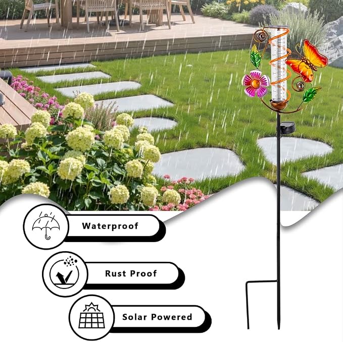 Rain Gauge Outdoor, Solar Rain Gauges for Yard, Butterfly Freeze Proof Rain Gauge with 7" Plastic Tube, Metal Decorative Water Gauge with Led Light