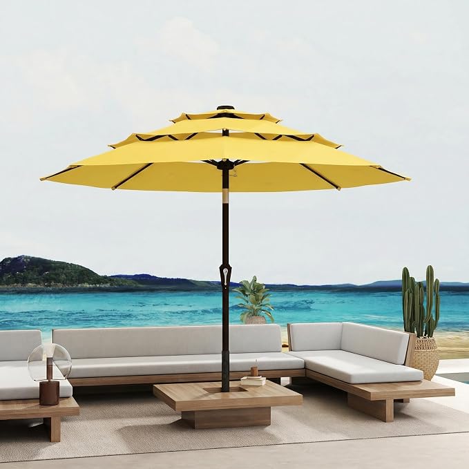 10FT Patio Umbrella 3 Tiers Outdoor Market Umbrella w/Push Button Tilt, Crank, UV and Waterproof Table Umbrella for Garden, Pool, Backyard, Deck, Lawn, Sunshine Yellow
