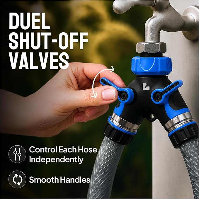 LIME 2 Way Hose Splitter Heavy Duty - Metal Y Garden Hose Splitter with Shutoff Valves, Brass Outdoor Faucet Adapter for Spigot, 3/4 Inch GHT Water Hose Connector - Blue