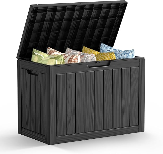 Mars Villa 45 Gallon Deck Box, Resin Outside Storage Box Waterproof for Patio Furniture Pillows, Pool Supplies, Gardening Tools, Indoor and Outdoor, Weatherproof and UV Resistant, Black