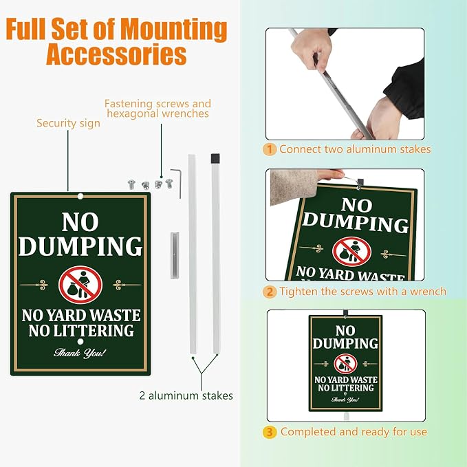No Dumping Yard Sign With Stakes No Littering No Yard Waste Private Property Reflective Aluminum Yard Signs Rust Free For Lawn Garden Neighborhood (8x12) IN