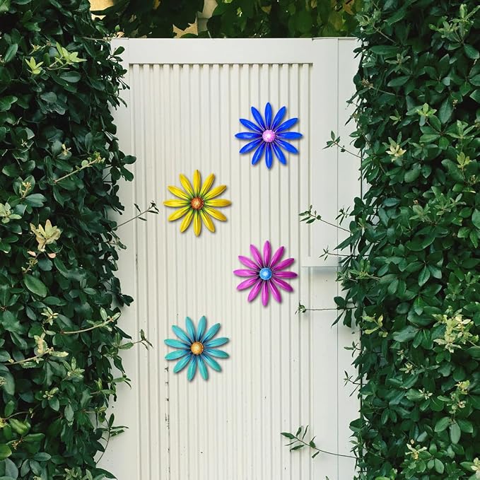 Giyyomtr Metal Flowers Wall Decor - 4pcs 6.2'' Metal Wall Art Hanging Decorations for Outdoor Fence Garden Yard Patio Exterior Wall Decor