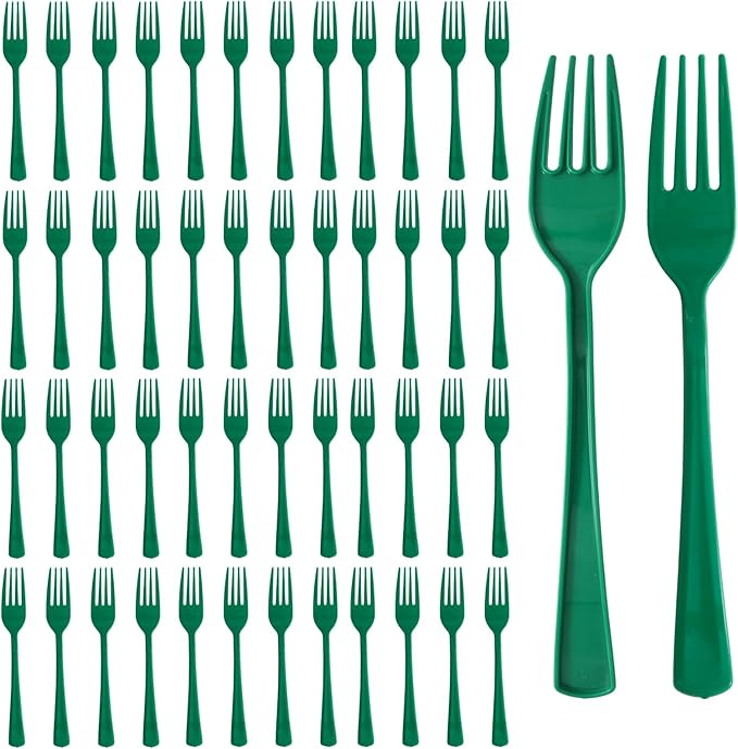 50 Pcs Green Plastic Forks, Heavy Duty Cutlery Set, Disposable Plastic Utensils for Picnics, Garden Party, Brithday, Wedding, Outdoor Barbecue or Daily Use (Green)