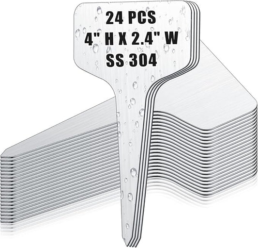 Hicarer 24 Pcs Metal Plant Labels Weatherproof Garden Markers 4" x 2.4" Engraving Stainless Steel 304 T-Type Plant Tags Reusable Nursery Tags for Outdoor Garden Greenhouse Vegetables Herb Flower Seed