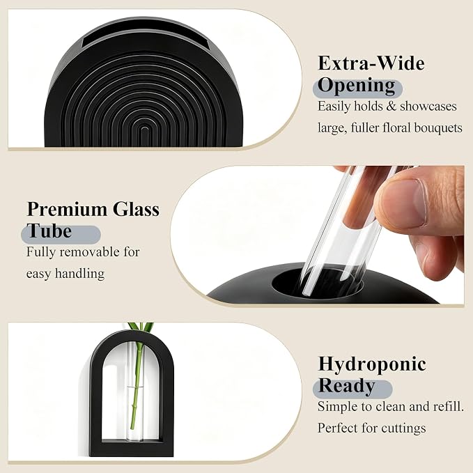 TBWIND Black Wooden Wall Vases for Flowers Set of 3, Propagation Planter with 2 Glass Tubes, Modern Farmhouse Hanging Wood Decor for Living Room, Entryway