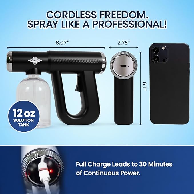 Professional K12 Nano Spray Gun with Blue Light, Atomizer Sprayer & Nano Steam Hair Mister Spray Bottle, Cordless & Rechargeable Barber Spray Gun, Home, Salon, Office & Travel Fine Mist Spray, Black