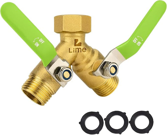 2-Way Hose Splitter – Heavy Duty Brass Y Connector with Stainless Steel Rubbered Handle, 3/4” GHT Thread – Full Flow Garden Hose Splitter for Outdoor Faucets