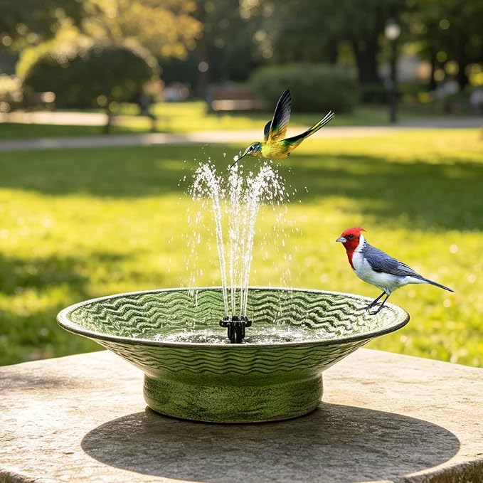 Solar Bird Bath for Outdoors, Metal Solar Birdbath Fountain with 4 Nozzles, 12.4" Bird Bath Fountain for Outside Garden Patio Lawn Decor (Green)